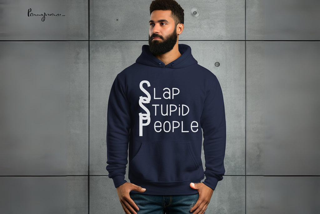 Slap Stupid People Sarcastic Hoodie in Navy Blue