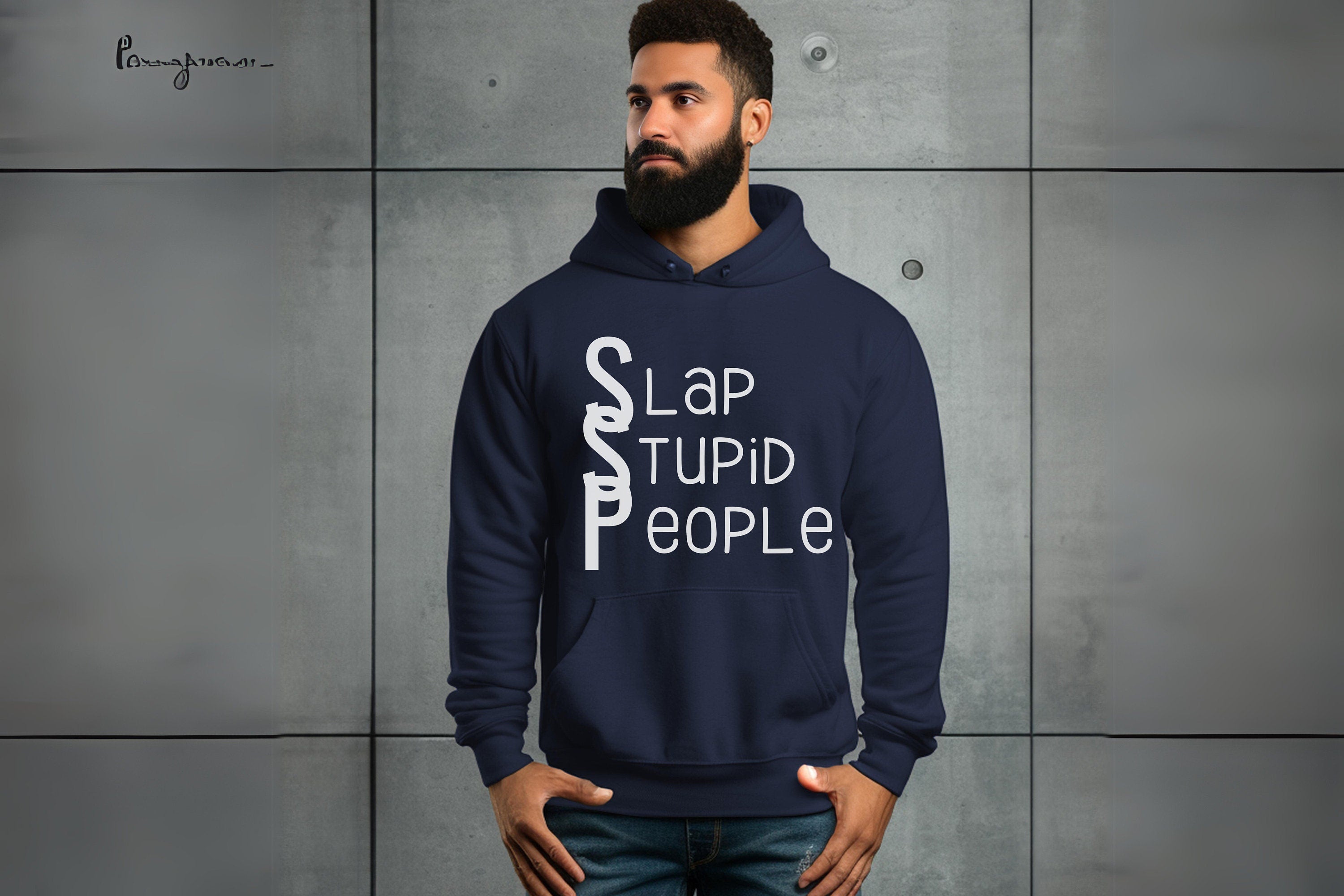 Slap Stupid People Sarcastic Hoodie in Navy Blue