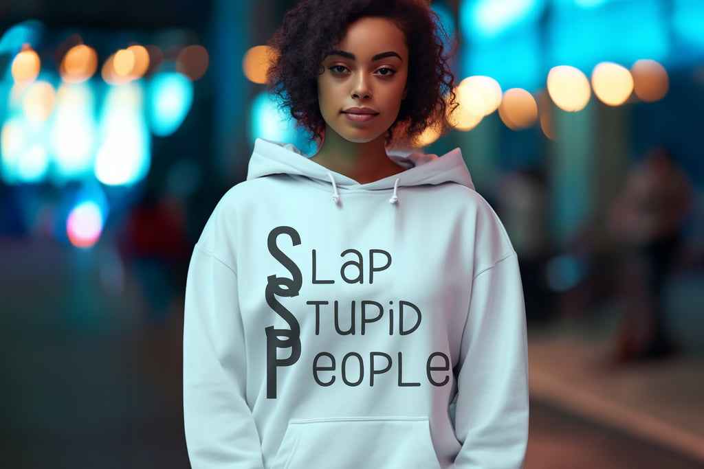 Slap Stupid People Sarcastic Gildan Hoodie in white
