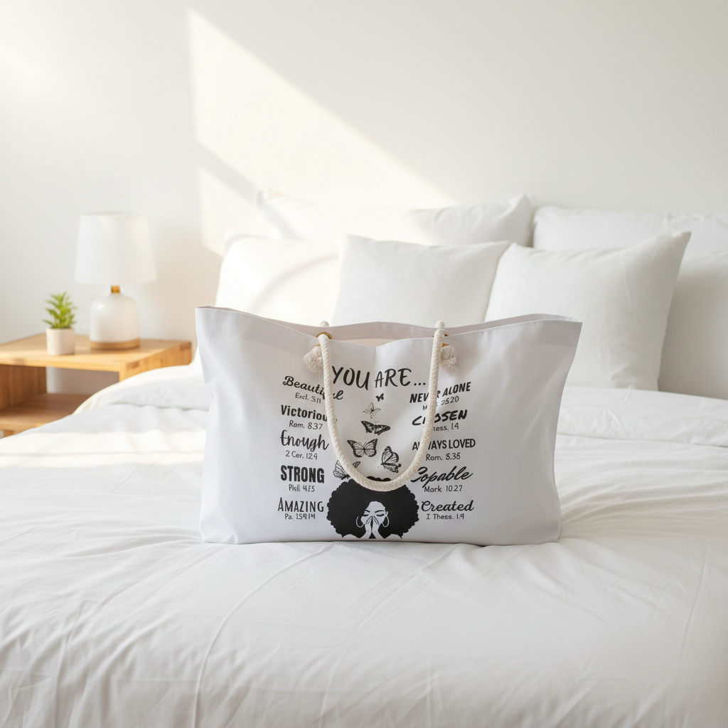 Oversized tote on bed