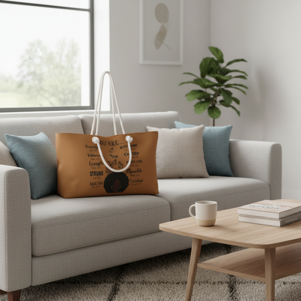 Weekender tote on couch